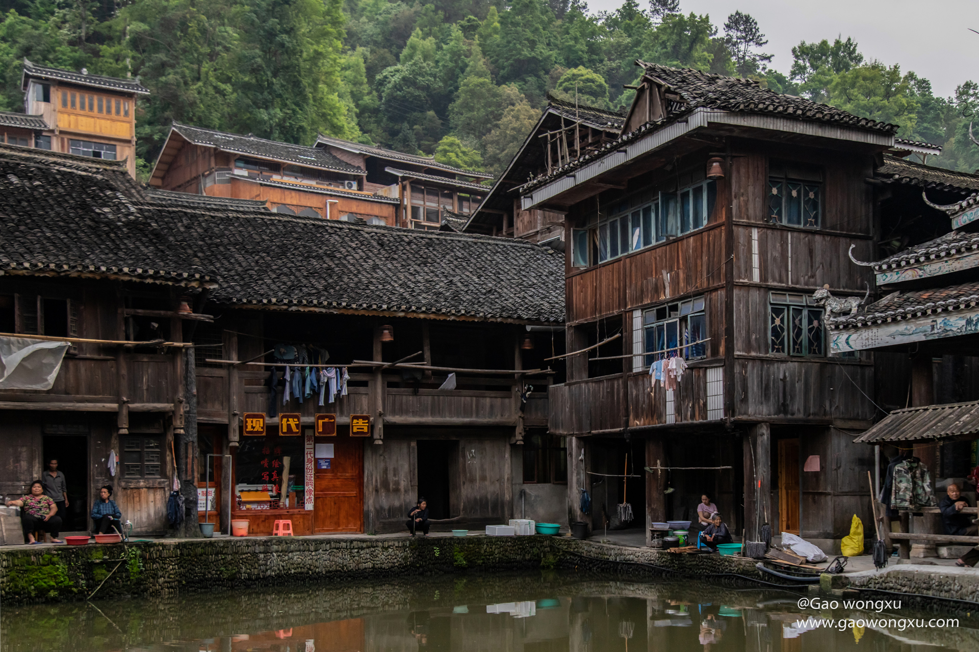 Wooden Dong stilt houses of Zhaoxing reflected in a village pond