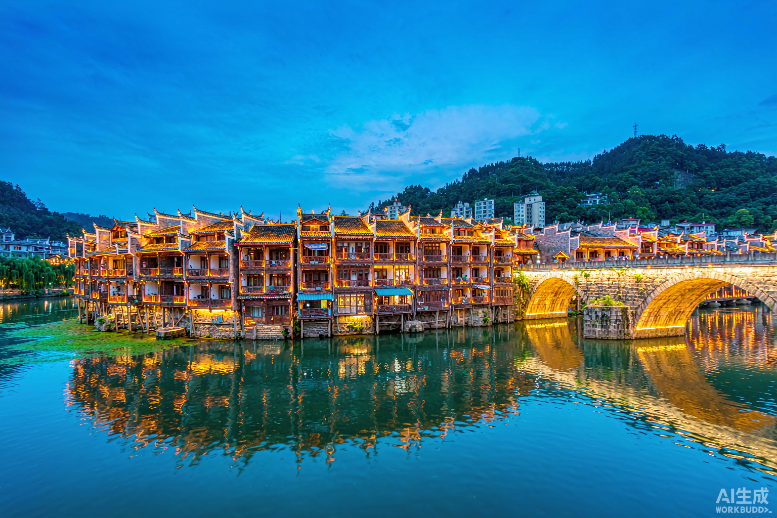 Zhenyuan — river town at blue hour