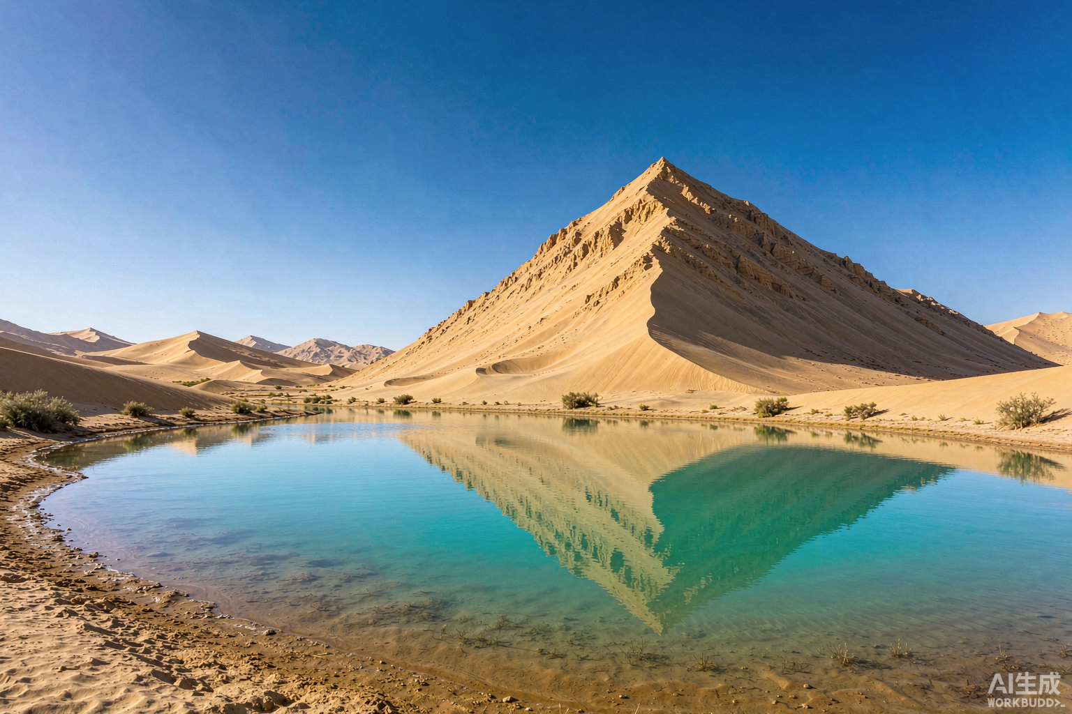 Badain Jaran Desert dunes reflecting in a spring-fed desert lake, Inner Mongolia
