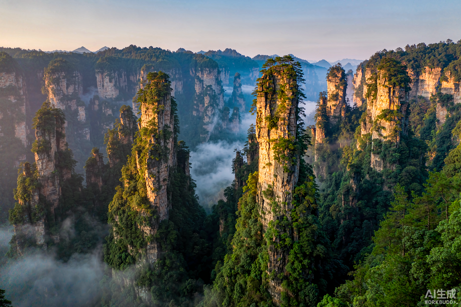 Yuanjiajie avatar pillars at sunrise, Zhangjiajie