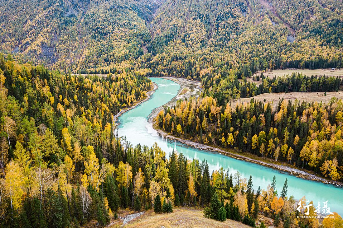 Moon Bay on the Kanas River, a crescent sandbar inside a horseshoe bend of golden forest