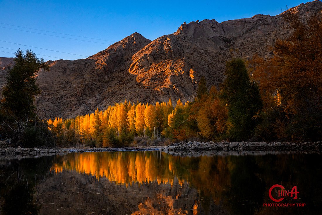 Still water mirroring golden autumn forest and granite boulders in Koktokai