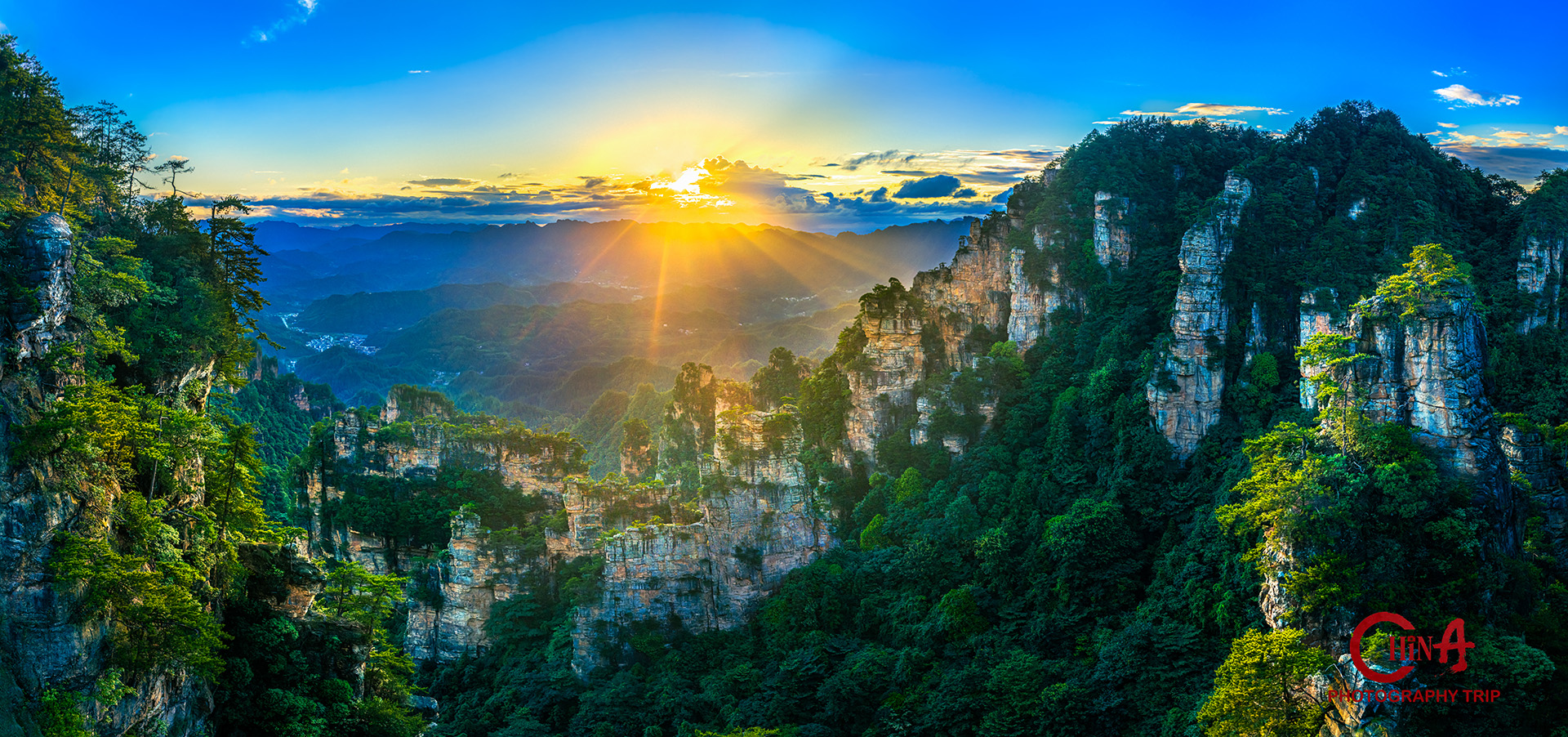 Sunrise gold light breaking over a sea of cloud among the Zhangjiajie sandstone peaks
